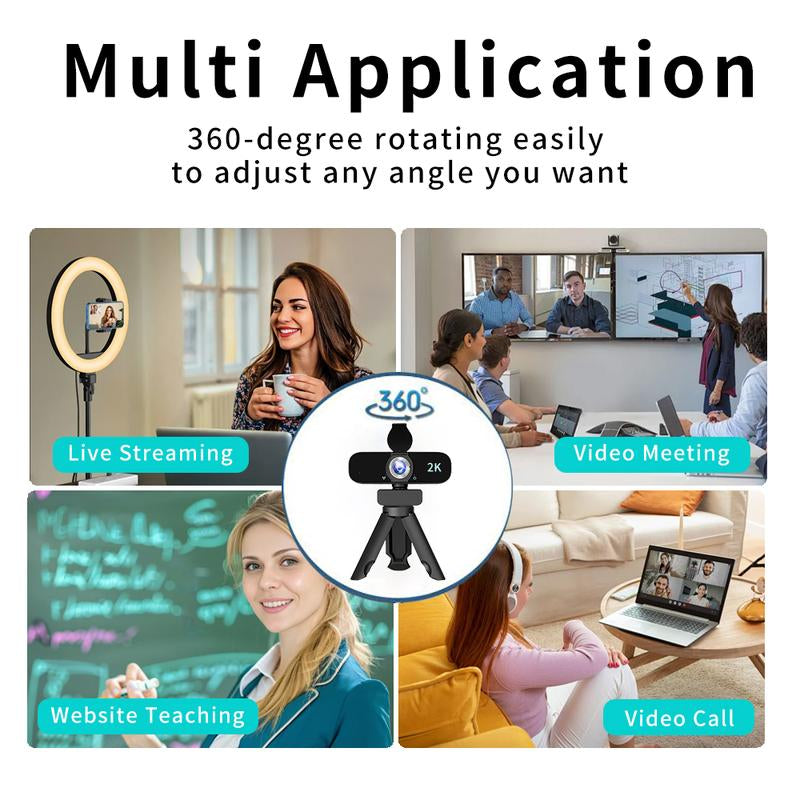 HD 2K Webcam for Computer/Laptop/Desktop/Pc, External Camera Web Cam with Microphone, USB Plug&Play, Auto Low Light Correction, Privacy Cover, Tripod, Wide Angle for Meeting/Online Video/Zoom