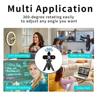 HD 2K Webcam for Computer/Laptop/Desktop/Pc, External Camera Web Cam with Microphone, USB Plug&Play, Auto Low Light Correction, Privacy Cover, Tripod, Wide Angle for Meeting/Online Video/Zoom