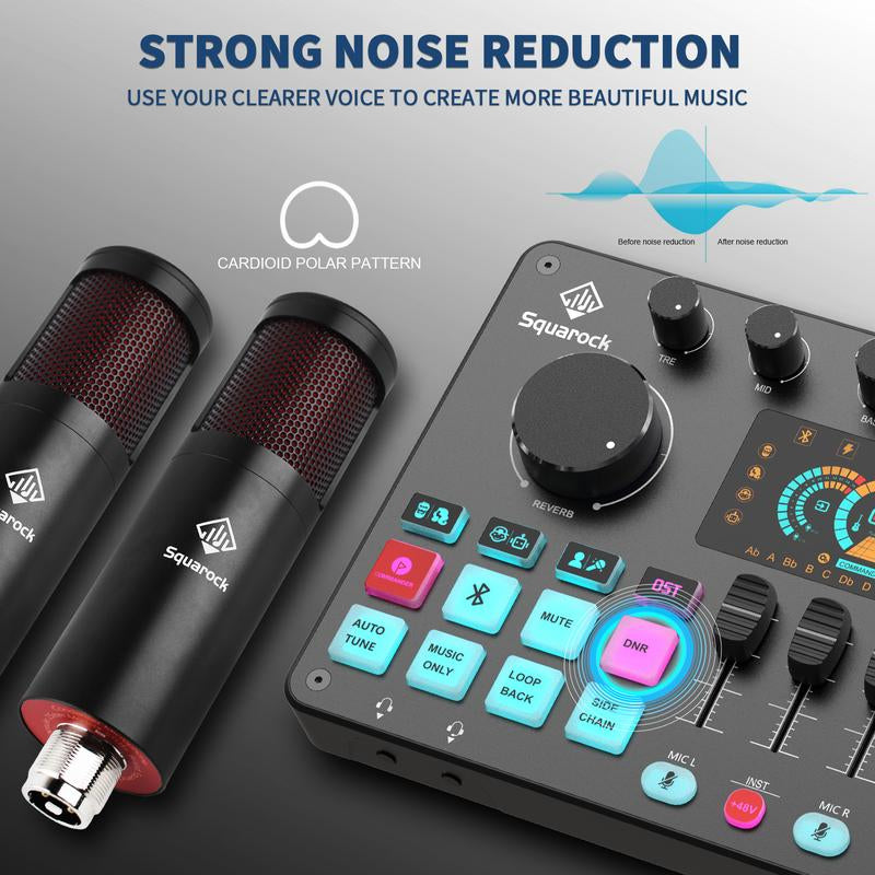 Squarock Podcast Equipment Bundle for 2, Audio Interface DJ Mixer with Studio Podcast Microphones Portable Battery-Powered for Podcast, Live Streaming, Recording, Music Creation COMMANDER M1