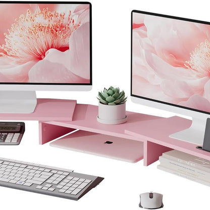 Wooden Dual Monitor Stand Riser with Smartphone Holder, Adjustable Length & Swivel Angle