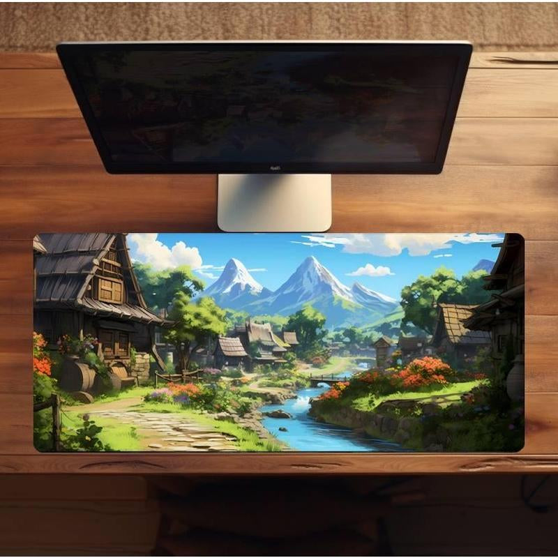 MOUNTAIN VILLAGE - GHIBLI STYLE DESKMAT - - Aesthetic Nature Mousepad for Pc Gaming and Desk Setup - Home Office Accessories - Green and Blue Nautrals