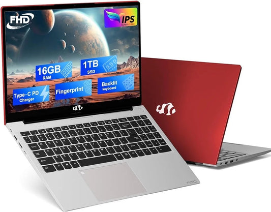 2025 Newest Laptop, 15.6-Inch FHD Display Laptop 16GB RAM 1TB with Intel Quad Core-12Th N100(Up to 3.4Ghz), ROM Business Laptop Computer, Fingerprint, Type C, Windows 11 Home, Red