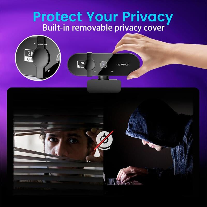 4K/2K Webcam with Privacy Cover, Auto-Focus & Exposure USB Webcam, Webcam Streaming Camera, 360° Rotation Universal Compatibility Webcam for Online Learning, Remote Work