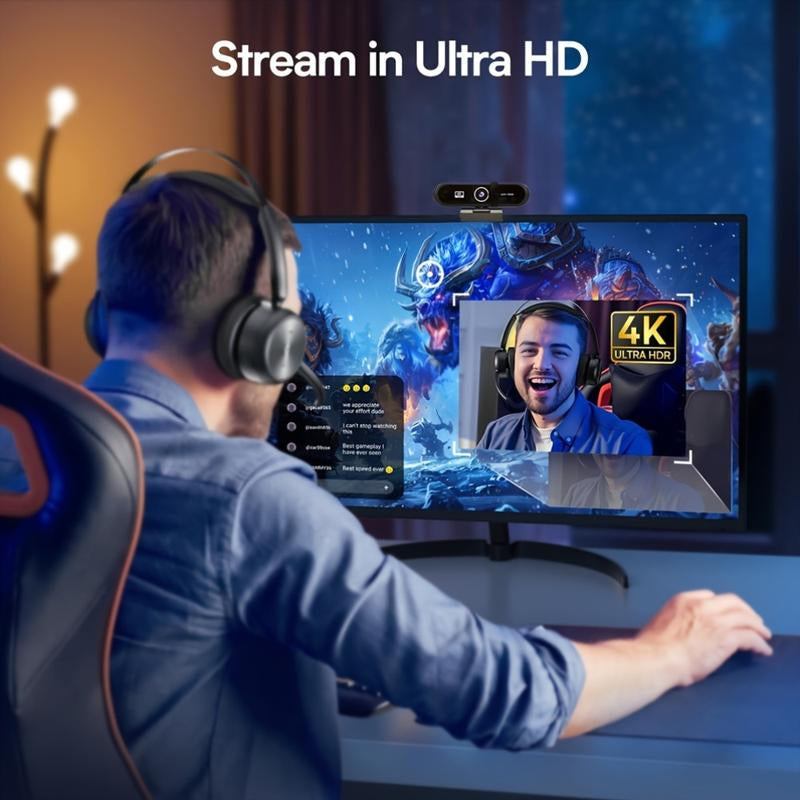 4K/2K UHD Webcam with Microphone, Noise Cancellation, Privacy Cover, Triangular Support, Wide-Angle Lens, Auto Light Correction, Webcam for Pc,Plug & Play USB Webcam for Laptop, Desktop, PC, Mac, Zoom, Skype, Streaming Black, Usb Online Webcam