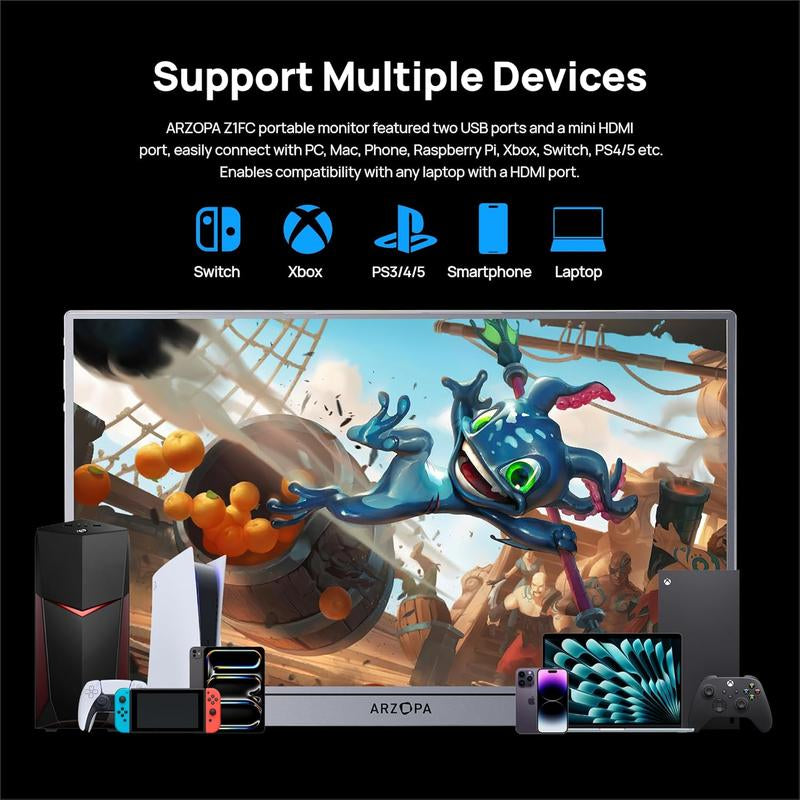 ARZOPA Portable Gaming Monitor 16.1" 100%Srgb Full HD Portable Monitor IPS Office Computer External Screen USB C HDMI Display for PC MAC Laptop Phone Xbox PS5 Switch with Adjustable Built-In Kickstand Travel Monitor Gamingonthego