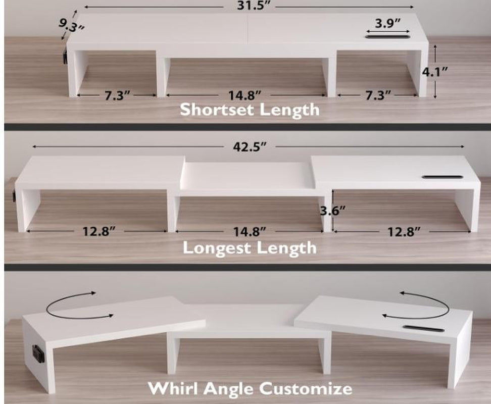 Wooden Dual Monitor Stand Riser with Smartphone Holder, Adjustable Length & Swivel Angle