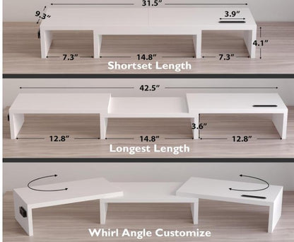 Wooden Dual Monitor Stand Riser with Smartphone Holder, Adjustable Length & Swivel Angle