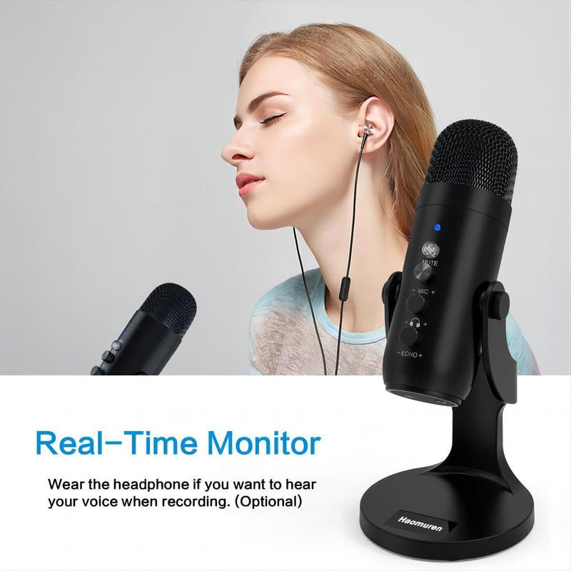 HAOMUREN USB Powered Microphone with Type-C Adapter & USB Cable, Condenser Microphone with Noise Cancelling & Echo Function, Microphone for Live Streaming
