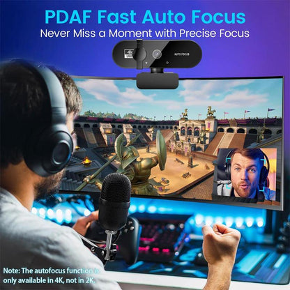 4K/2K Webcam with Privacy Cover, Auto-Focus & Exposure USB Webcam, Webcam Streaming Camera, 360° Rotation Universal Compatibility Webcam for Online Learning, Remote Work