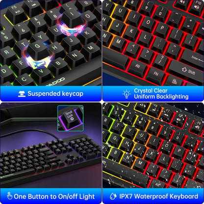Wired Gaming Keyboard and Mouse Combo, RGB Backlit, Ergonomic Computer Keyboard W/Mouse & Mouse Pad, 104 Keys Quiet Silent Mechanical Keyboard for Working or Primer Gaming, Office, Black