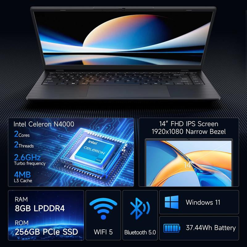 14" FHD IPS Laptop - Intel Celeron N4000, 8GB RAM 256GB SSD | Ultra-Thin & Lightweight for Students & Business | 10H Long Battery, Wifi 6, US Plug | FCC/UL/PSE Certified, Back to School Gifts