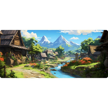 MOUNTAIN VILLAGE - GHIBLI STYLE DESKMAT - - Aesthetic Nature Mousepad for Pc Gaming and Desk Setup - Home Office Accessories - Green and Blue Nautrals
