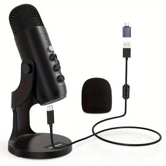 HAOMUREN USB Powered Microphone with Type-C Adapter & USB Cable, Condenser Microphone with Noise Cancelling & Echo Function, Microphone for Live Streaming