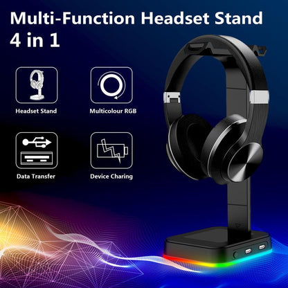 ROLLFORALL RGB Gaming Headset Stand with 2 USB Ports,Game Headphone Mount for Xbox One/Ps4/Switch/Earphone Holder Hanger,Gaming Charging Stations