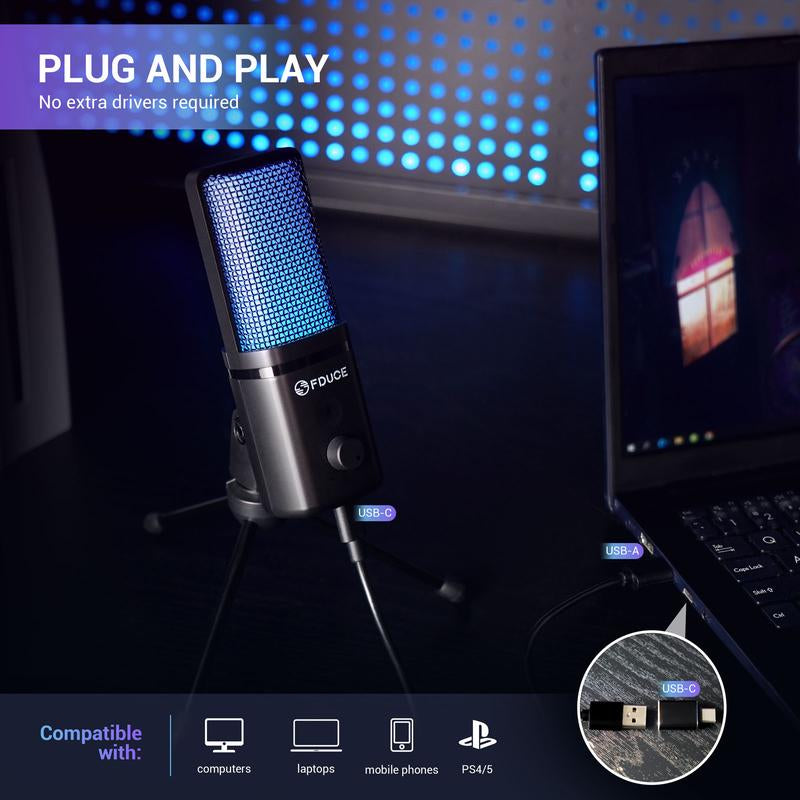 FDUCE Gaming USB Microphone for PC,RGB Condenser Computer Mic with Tripod Stand,Quick Mute,Gain Control,Cardioid Mic for Streaming, Podcast, Twitch, Youtube, PC, Computer, PS5, (M160) Microphones Adapter Audio Cable Fi Fine Usb Microphone Microphone