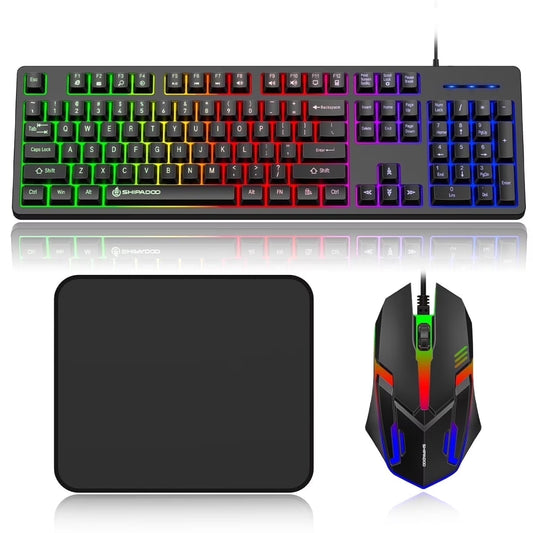 Wired Gaming Keyboard and Mouse Combo, RGB Backlit, Ergonomic Computer Keyboard W/Mouse & Mouse Pad, 104 Keys Quiet Silent Mechanical Keyboard for Working or Primer Gaming, Office, Black