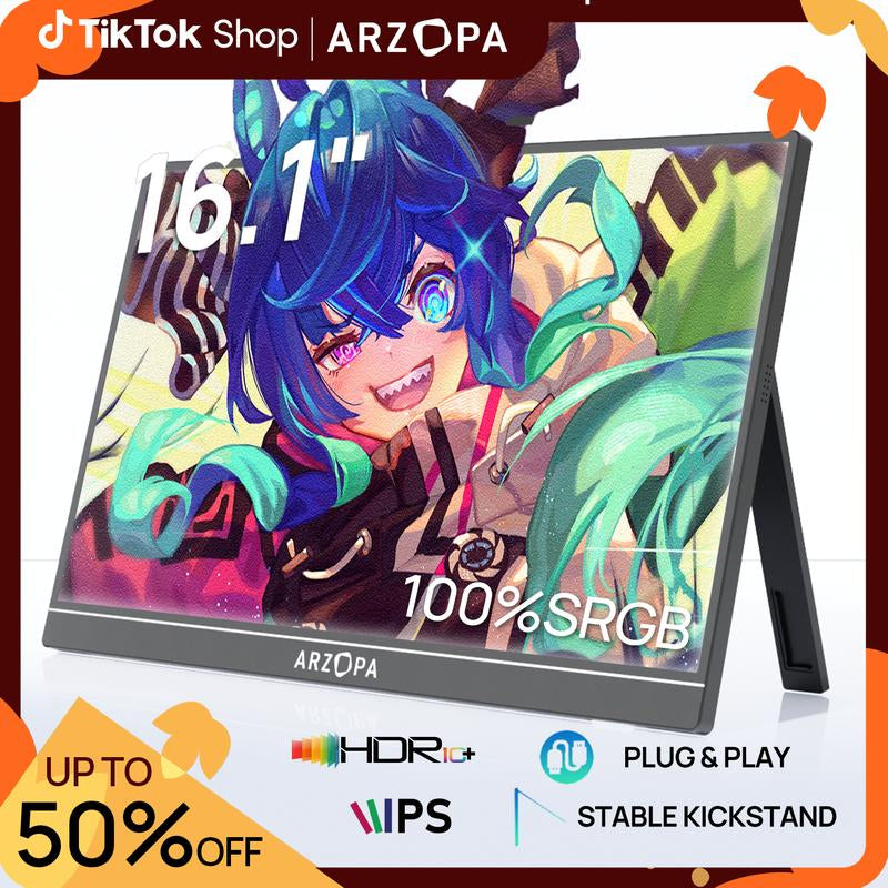 ARZOPA Portable Gaming Monitor 16.1" 100%Srgb Full HD Portable Monitor IPS Office Computer External Screen USB C HDMI Display for PC MAC Laptop Phone Xbox PS5 Switch with Adjustable Built-In Kickstand Travel Monitor Gamingonthego