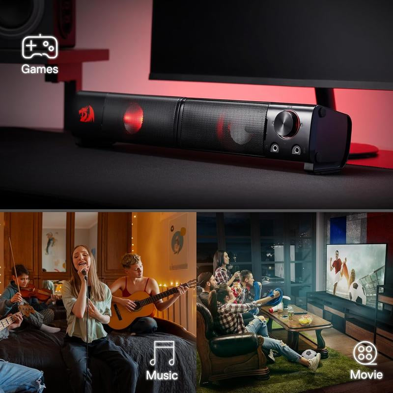 Redragon GS550 PC Audio Gaming Speakers, 2.0 Channel Desktop Computer Sound Bar with Compact Maneuverable Size, Headphone Jack, Quality Bass & Decent Red Backlit, USB Powered W/ 3.5Mm Cable