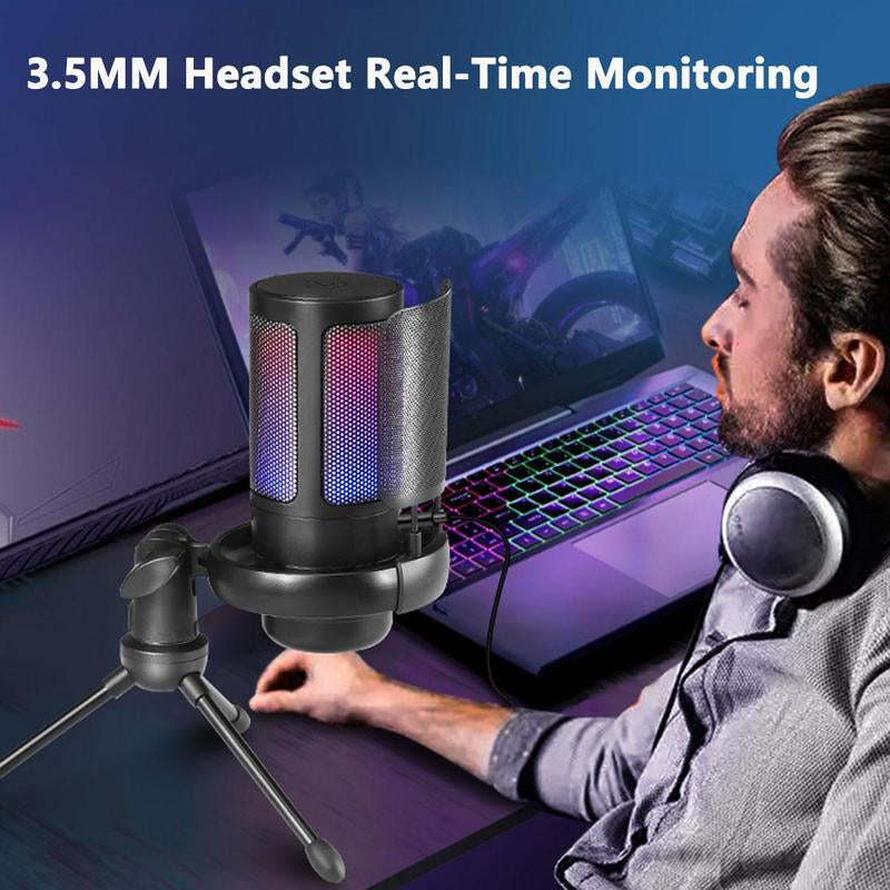 USB Microphone, USB Gaming Microphone with Anti-Vibration Shock Mount, Multipurpose Microphones with RGB Light & Pop Filter, Plug & Play Noise Cancellation Condenser Mic with Monitoring & Mute & Touch Control for Streaming & Podcasting