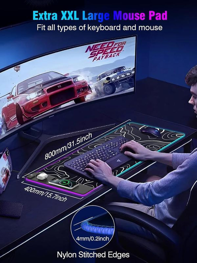 XXL Gaming Mouse Pad with Magnetic Wireless Charging, Large Desk Pad Protector, RGB Black Mousepad Desk Mat with 15W Fast Charger, 4Mm Thick Non-Slip, Waterproof Laptop Writing Pad for Office, Home, Gaming Mouse Pad Desktop Accessory