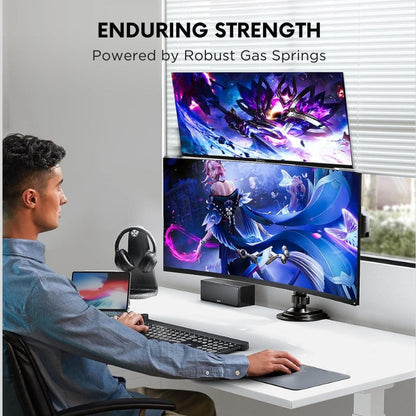 HUANUO Dual Monitor Arm for Gaming Setup - Stackable Gas Spring Desk Mount for 13-32" Screens | Ergonomic Streaming Station | VESA Mount C-Clamp & Grommet | Holds 19.8 lbs Per Arm