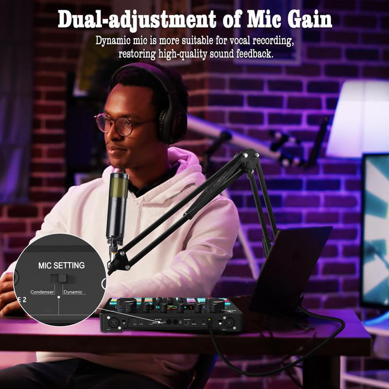 Squarock Podcast Equipment Bundle for 2, Audio Interface DJ Mixer with Studio Podcast Microphones Portable Battery-Powered for Podcast, Live Streaming, Recording, Music Creation COMMANDER M1