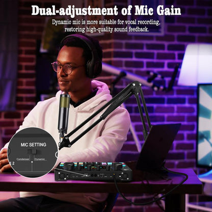 Squarock Podcast Equipment Bundle for 2, Audio Interface DJ Mixer with Studio Podcast Microphones Portable Battery-Powered for Podcast, Live Streaming, Recording, Music Creation COMMANDER M1