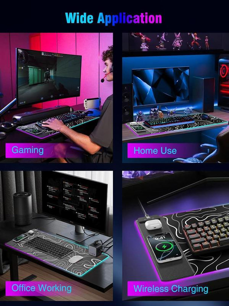 XXL Gaming Mouse Pad with Magnetic Wireless Charging, Large Desk Pad Protector, RGB Black Mousepad Desk Mat with 15W Fast Charger, 4Mm Thick Non-Slip, Waterproof Laptop Writing Pad for Office, Home, Gaming Mouse Pad Desktop Accessory
