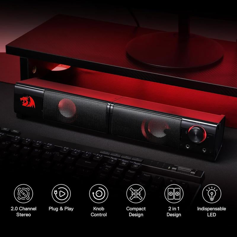 Redragon GS550 PC Audio Gaming Speakers, 2.0 Channel Desktop Computer Sound Bar with Compact Maneuverable Size, Headphone Jack, Quality Bass & Decent Red Backlit, USB Powered W/ 3.5Mm Cable
