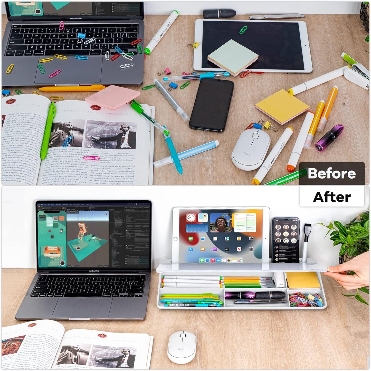 Desk Whiteboard Dry Erase Glass Whiteboard, Desktop White Board with Storage To-Do List Memo Notepad Desktop Buddy Keyboard Stand for Home Office and School Accessories Supplies (White)