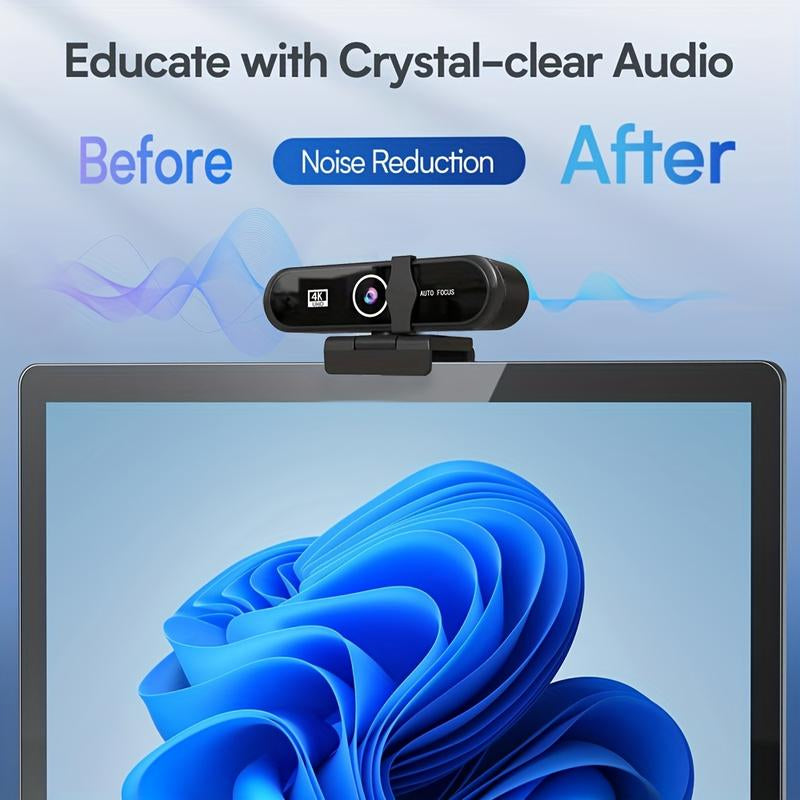 4K/2K UHD Webcam with Microphone, Noise Cancellation, Privacy Cover, Triangular Support, Wide-Angle Lens, Auto Light Correction, Webcam for Pc,Plug & Play USB Webcam for Laptop, Desktop, PC, Mac, Zoom, Skype, Streaming Black, Usb Online Webcam