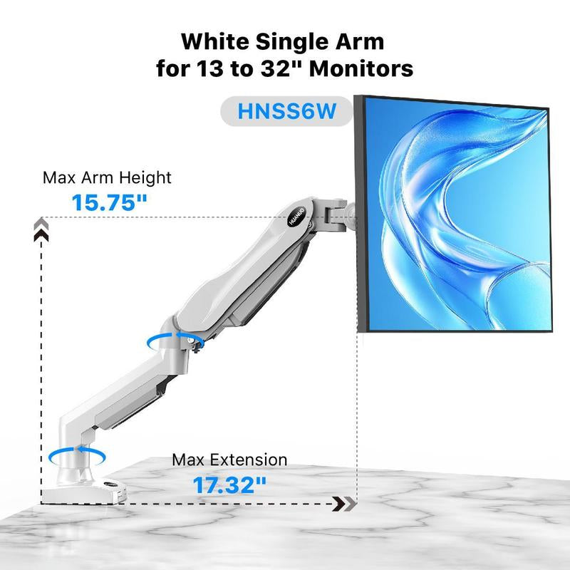 HUANUO Single Monitor Arm - Adjustable Gas Spring Monitor Mount for Gaming and Home Office Setups, Monitor Stand Hold up to 32" with 19.8 Lbs Max Weight and C-Clamp or Grommet Hole Mounting