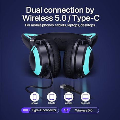 YOWU RGB 3G Cat Ear Headphones :Wireless 5.0 Foldable Gaming Headset with 7.1 Surround Sound, Built-In Mic & Customizable Lighting and Effect via APP, Type-C Charging Audio Cable