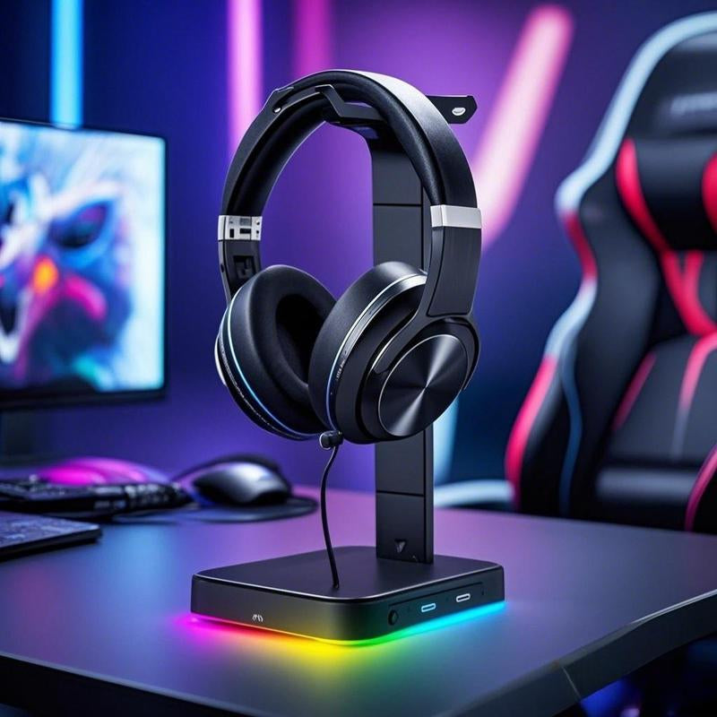 ROLLFORALL RGB Gaming Headset Stand with 2 USB Ports,Game Headphone Mount for Xbox One/Ps4/Switch/Earphone Holder Hanger,Gaming Charging Stations