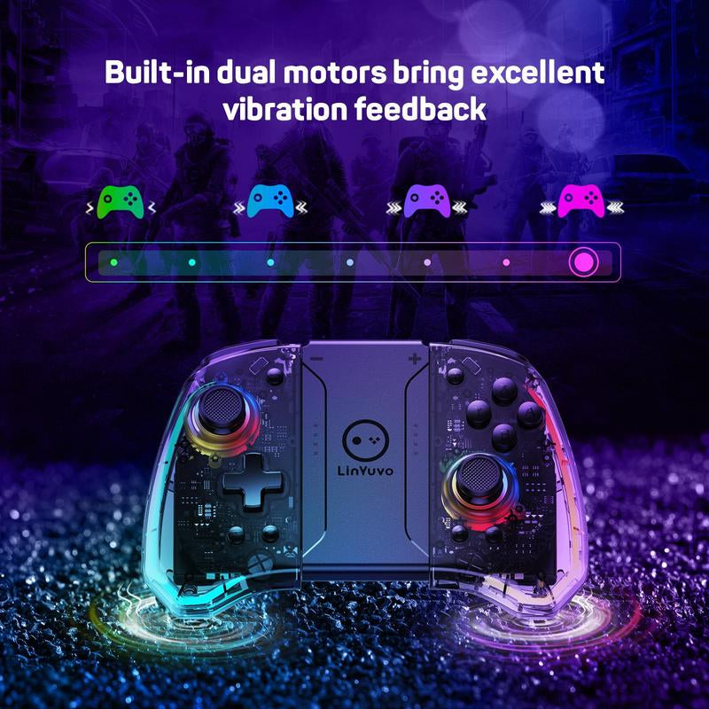 Wireless Gamepad, Transparent Design Bluetooth-Compatible Game Controller with RGB Light, Dual Motor Left and Right Transparent Handle, Gaming Accessories