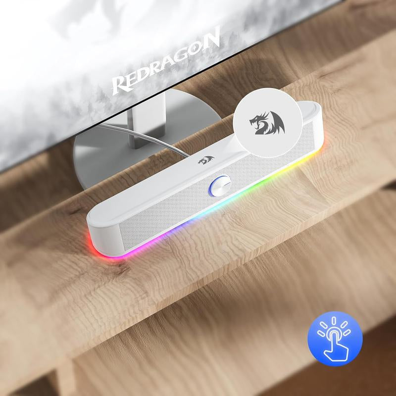 Redragon GS560 RGB Desktop Soundbar, 2.0 Channel Computer Speaker with Dynamic Lighting Bar Audio-Light Sync/Display, Touch-Control Backlit with Volume Knob, USB Powered W/ 3.5Mm Cable, Black