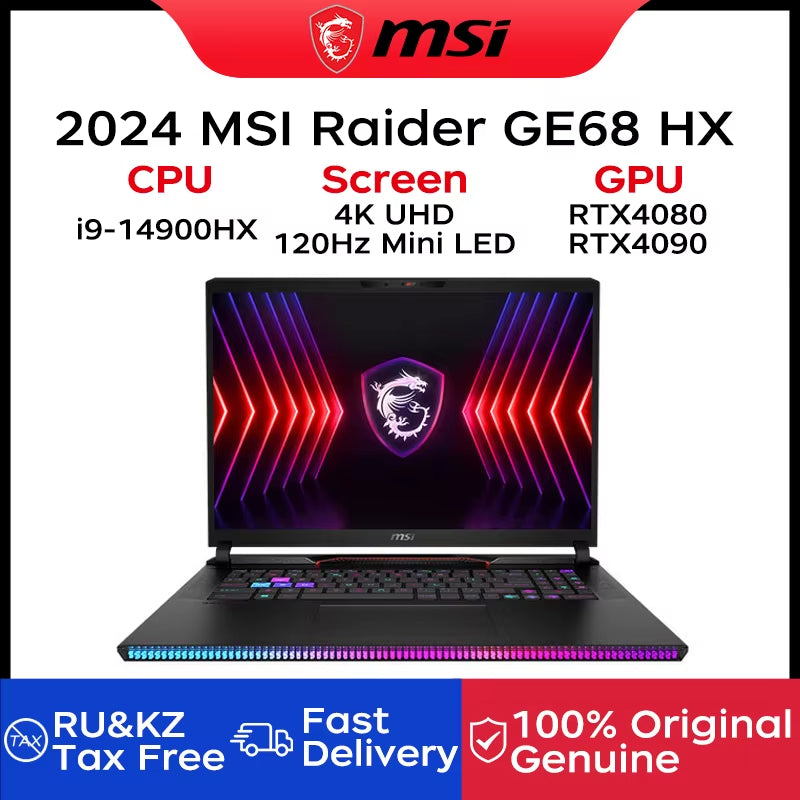 2024 MSI Raider GE68 HX Gaming Laptop 16 Inch 4K UHD 120Hz Mini LED Screen Notebook I9-14900Hx 32GB 2TB RTX4080 Netbook Computer