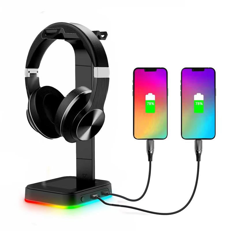 ROLLFORALL RGB Gaming Headset Stand with 2 USB Ports,Game Headphone Mount for Xbox One/Ps4/Switch/Earphone Holder Hanger,Gaming Charging Stations