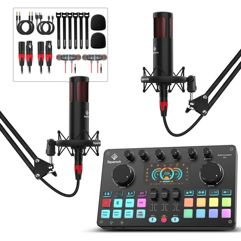Squarock Podcast Equipment Bundle for 2, Audio Interface DJ Mixer with Studio Podcast Microphones Portable Battery-Powered for Podcast, Live Streaming, Recording, Music Creation COMMANDER M1