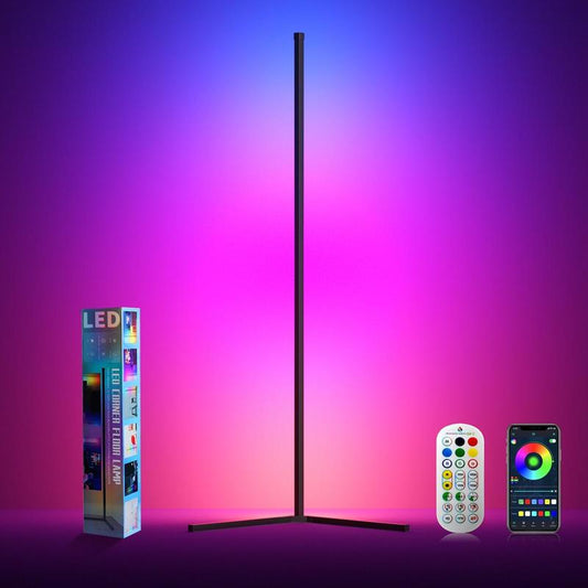 Corner Floor Lamp, 56-Inch (About 142.2Cm) Intelligent RGB LED Corner Lamp, Led Floor Lamp with Application and Remote Control, 16 Million Colors Changing with Music Synchronization, DIY Mode and Timing, Perfect for Bedrooms, Living Rooms, and Playrooms