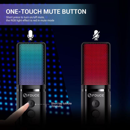 FDUCE Gaming USB Microphone for PC,RGB Condenser Computer Mic with Tripod Stand,Quick Mute,Gain Control,Cardioid Mic for Streaming, Podcast, Twitch, Youtube, PC, Computer, PS5, (M160) Microphones Adapter Audio Cable Fi Fine Usb Microphone Microphone
