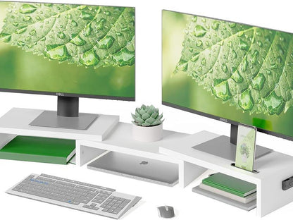 Wooden Dual Monitor Stand Riser with Smartphone Holder, Adjustable Length & Swivel Angle