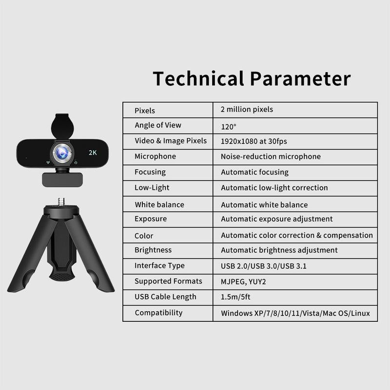 HD 2K Webcam for Computer/Laptop/Desktop/Pc, External Camera Web Cam with Microphone, USB Plug&Play, Auto Low Light Correction, Privacy Cover, Tripod, Wide Angle for Meeting/Online Video/Zoom
