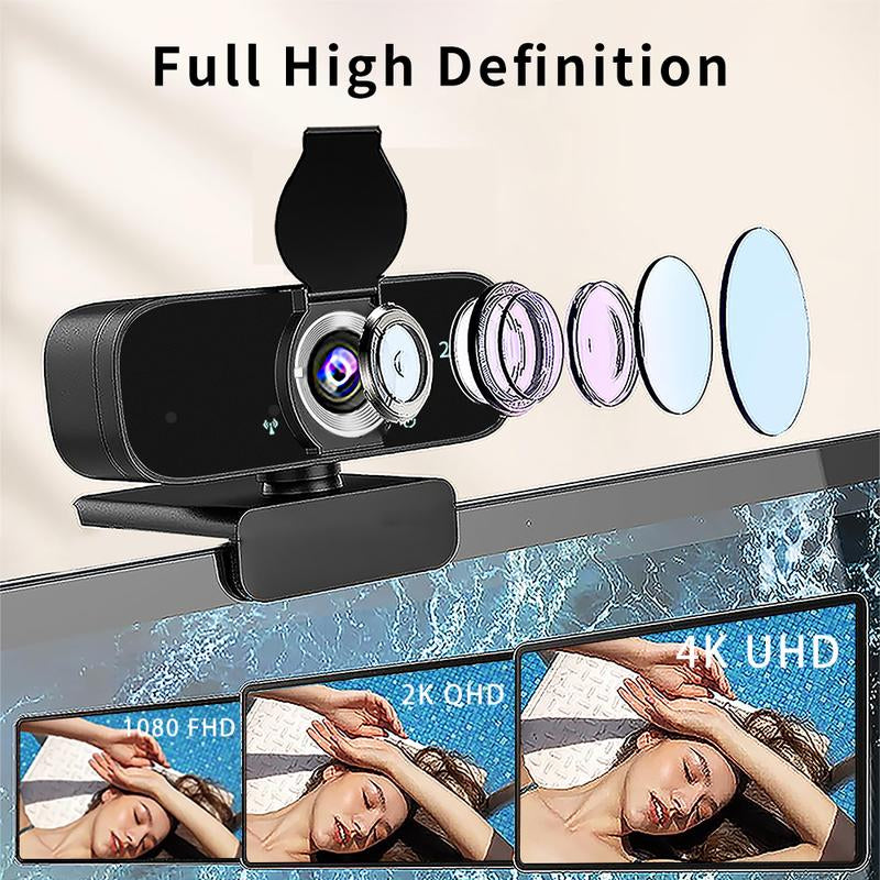 HD 2K Webcam for Computer/Laptop/Desktop/Pc, External Camera Web Cam with Microphone, USB Plug&Play, Auto Low Light Correction, Privacy Cover, Tripod, Wide Angle for Meeting/Online Video/Zoom