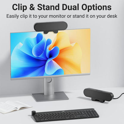 Compact Computer Monitor Speaker: Single Stereo Sound, Loud Audio, Easy Volume Button, Clamp-On Design for Monitors/Laptops (USB-C Plug Adapter Included) - Black