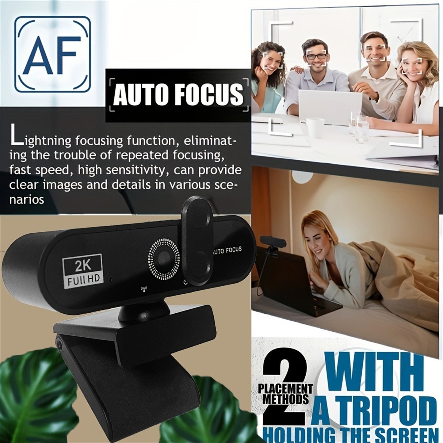 2K HD Web Camera with Microphone Ring Light Autofocus Pro Computer Gaming Webcam