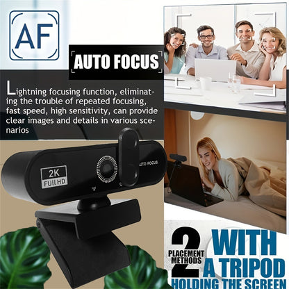 2K HD Web Camera with Microphone Ring Light Autofocus Pro Computer Gaming Webcam