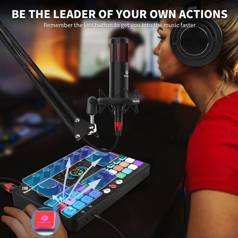 Squarock Podcast Equipment Bundle for 2, Audio Interface DJ Mixer with Studio Podcast Microphones Portable Battery-Powered for Podcast, Live Streaming, Recording, Music Creation COMMANDER M1