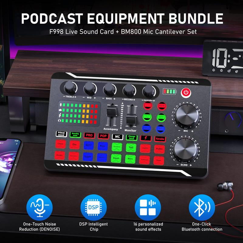 Facmogu Podcast Equipment Bundle, F998 Live Sound Card with BM800 Recording Studio Microphone, Professional Live Sound Card W/Dj Mixer Effects & Voice Changer for Live Streaming Gaming Youtube Tiktok