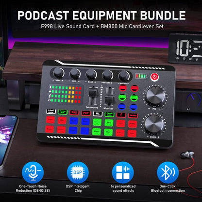 Facmogu Podcast Equipment Bundle, F998 Live Sound Card with BM800 Recording Studio Microphone, Professional Live Sound Card W/Dj Mixer Effects & Voice Changer for Live Streaming Gaming Youtube Tiktok